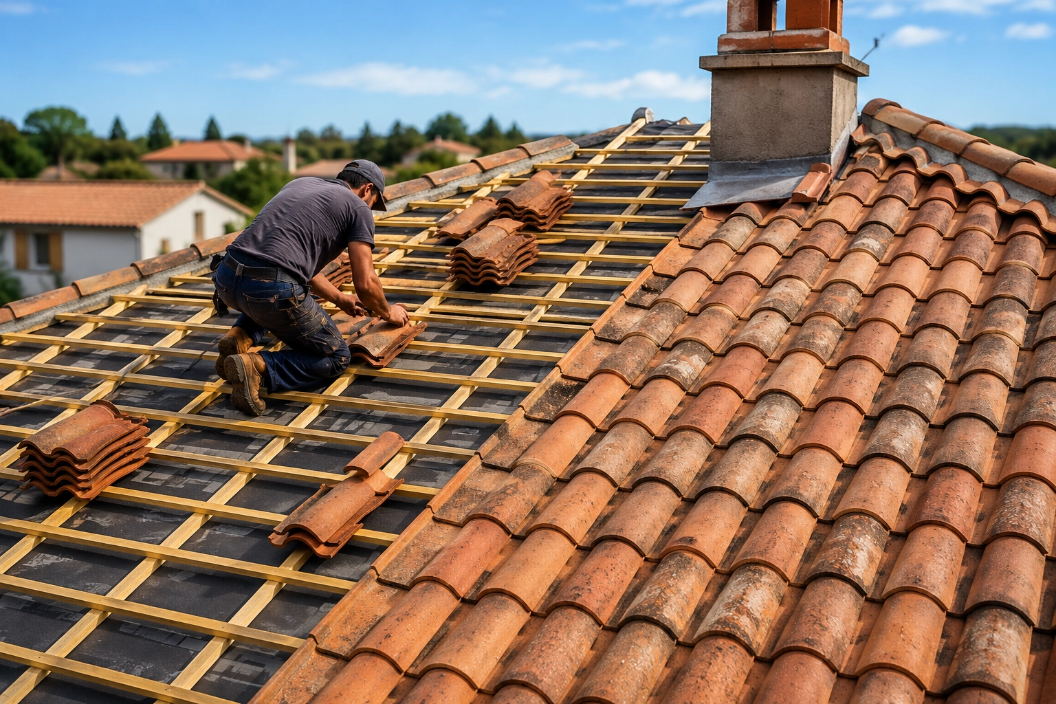 Couvreur réalisant des travaux de rénovation de toiture